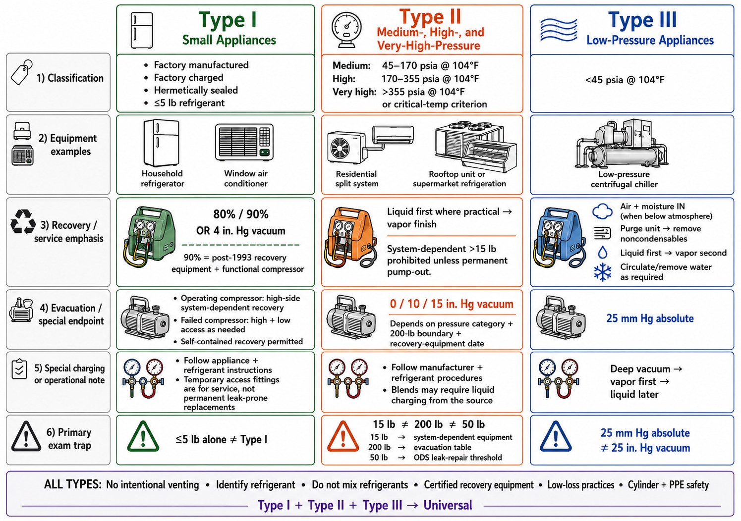 Three-column Universal certification comparison showing Type I small appliances Type II medium high and very-high-pressure appliances and Type III low-pressure appliances with classification recovery evacuation charging safety and exam-trap distinctions